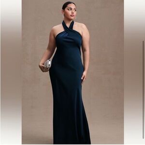 BHDLN RUBY TWIST HALTER SATIN GOWN IN MIDNIGHT Size 12